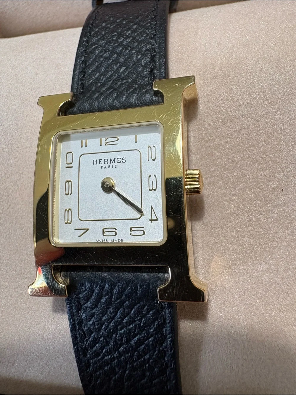 Hermès Huere H, Small Model, Gold Watch with Black Leather Strap